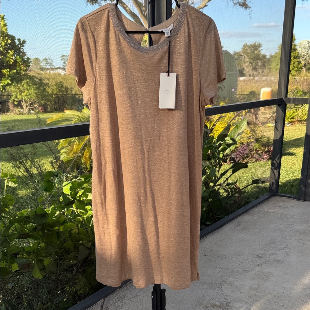 Elegant gold Tan T-shirt Midi Dress with embellished neckline